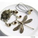 Necklace Earring Set, Dragonfly Amber Topaz Rhinestones Antique Brass