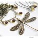 Necklace Earring Set, Dragonfly Amber Topaz Rhinestones Antique Brass