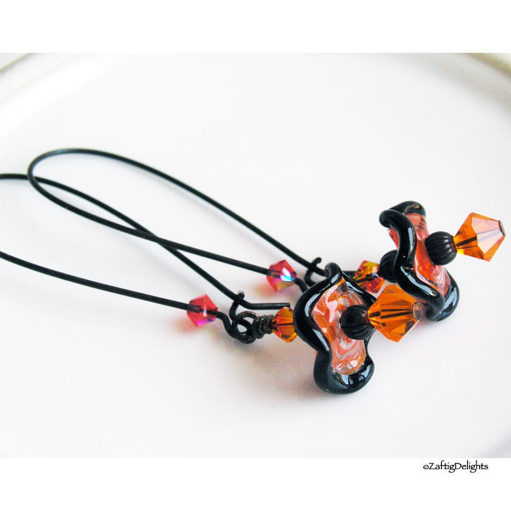 Wavy Disc Earrings, Lampwork Glass Swarovski Crystals Orange & Black Dark Antique Brass