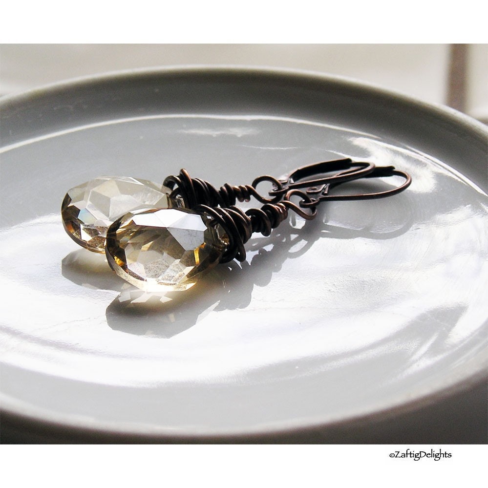 Copper Wrapped Faceted Champagne Teardrops on Antique Copper Ear Wires