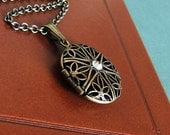 Captured Light- Brass Filigree Locket with Crystal Accent-Empty inside for your own pictures