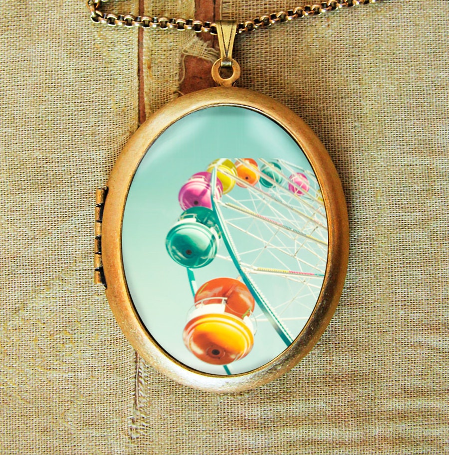 Overstock SALE - Photo Locket - Rainbow Wheel - Fun Carnival Ride Photo Locket Necklace