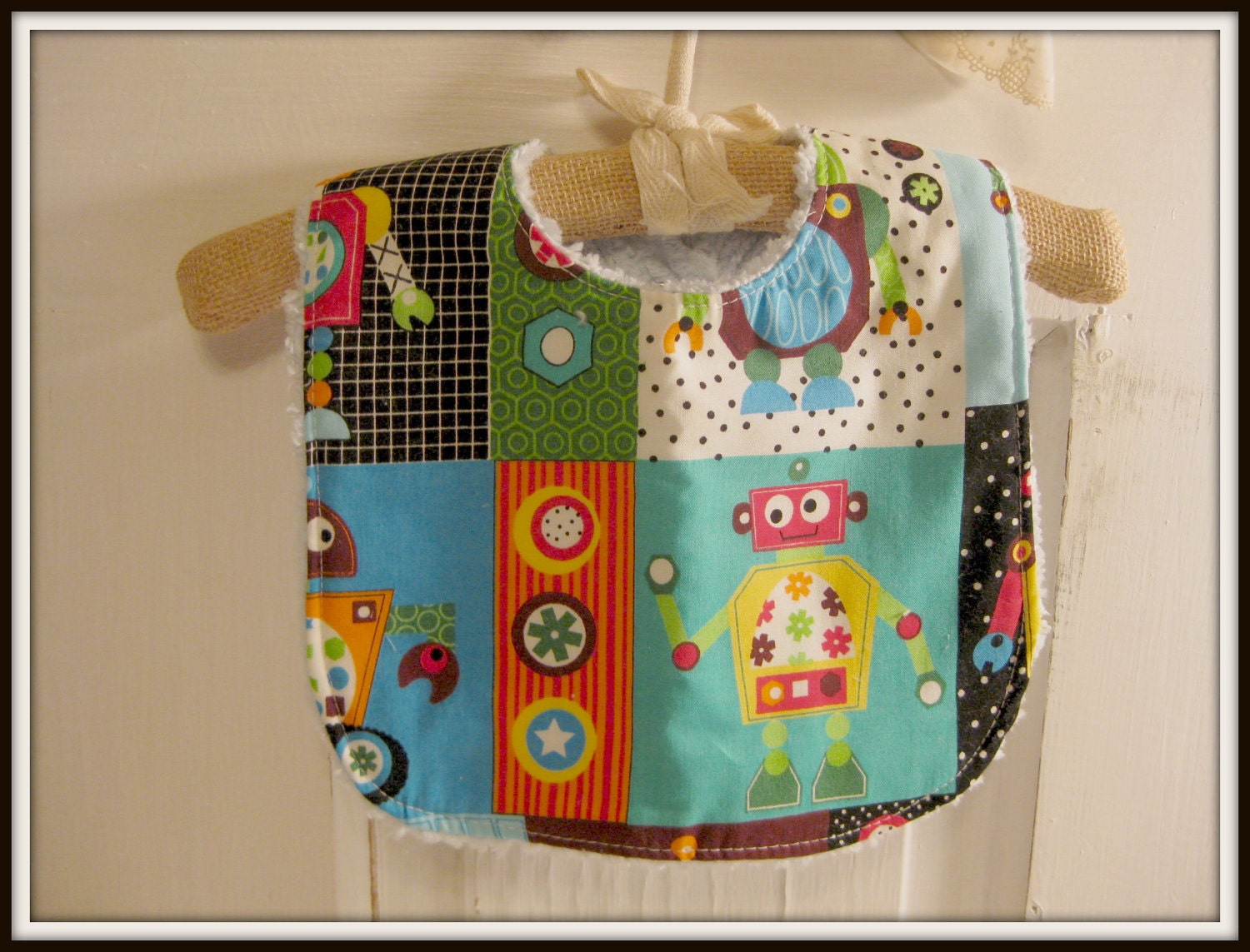Robots Baby Gift Basket--- Burp Cloth, Bib, Rattle Block, Wash Cloth Set and Fabric Basket