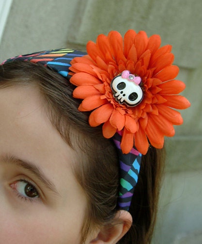Rainbow Zebra Strip Headband with Big orange flower and CUTE skull Cabochon