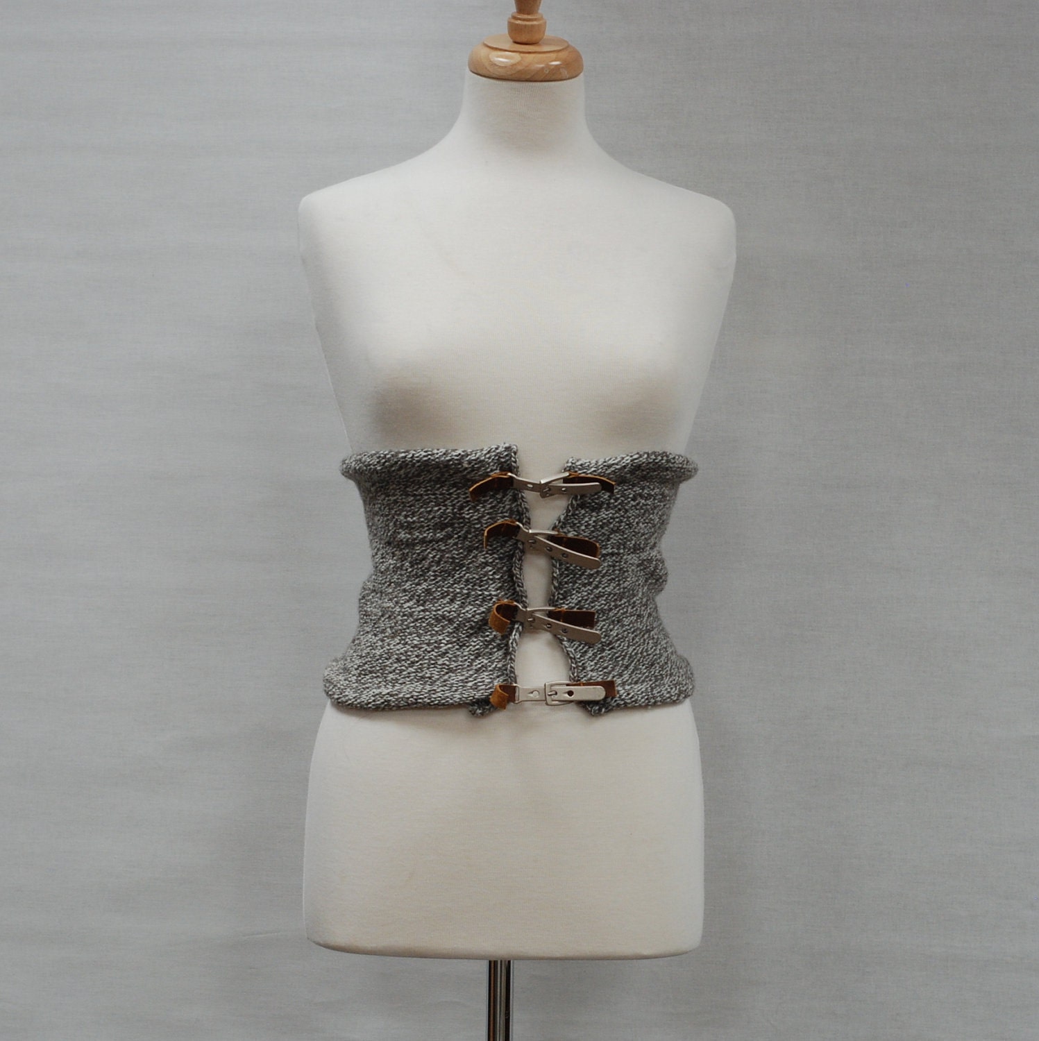 OOAK Knit Corset Regenerative Design Leather Metal Buckles Brown Gray