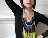 Fringe Necklace - Fluro Green, Burgundy and Denim, silver tone chain
