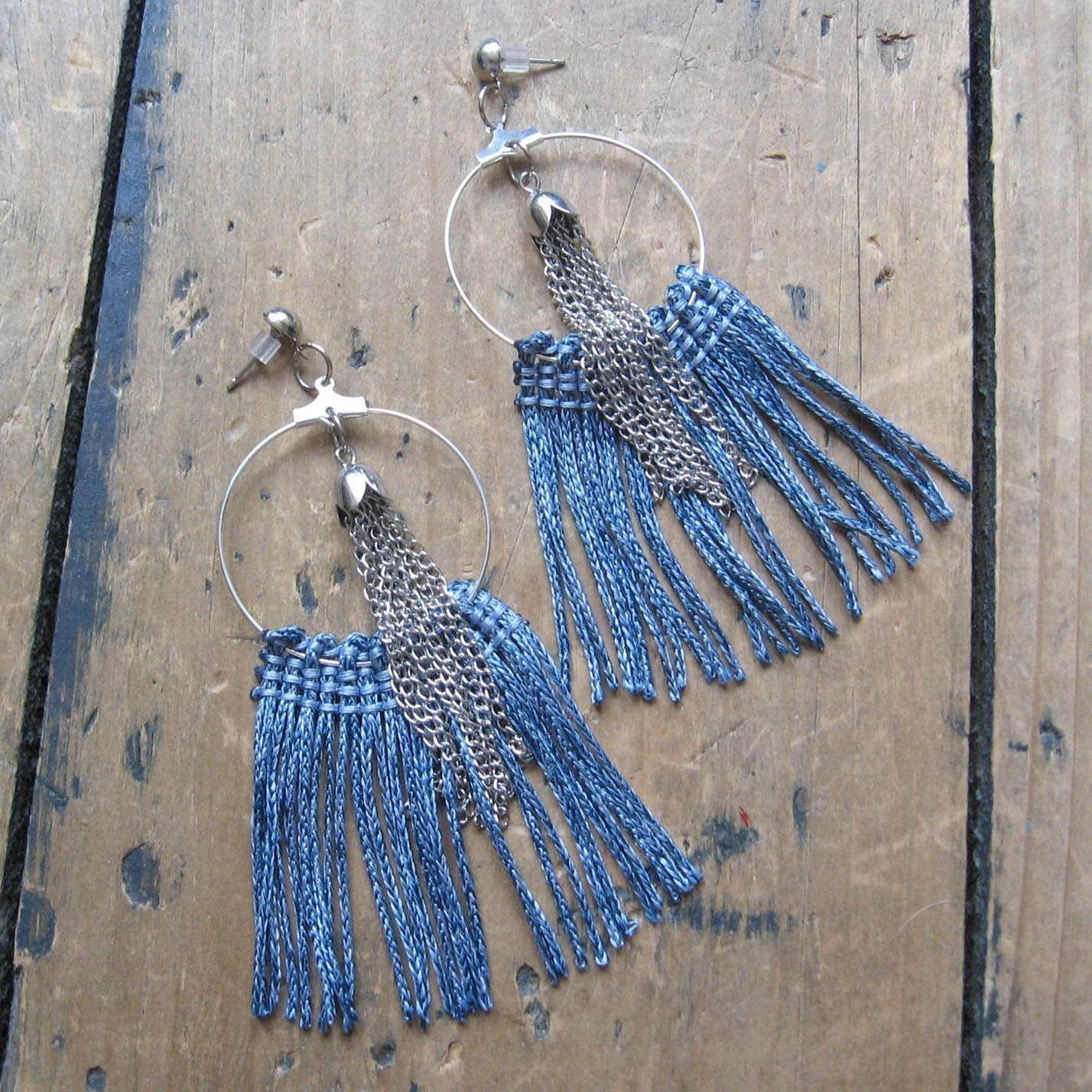 Fringe Earrings - Short - Denim and Silver