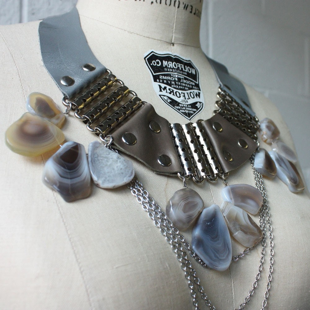 Battle Necklace - Taupe Leather, Grey Leather and Grey Agate