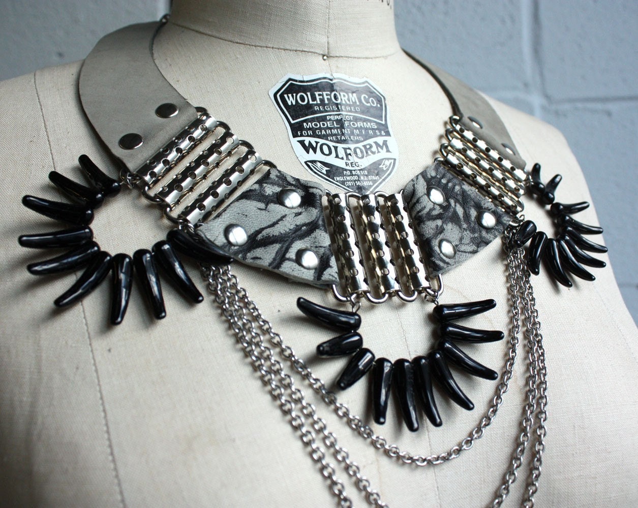 Battle Necklace - Grey Leather, Marbled Leather, Chain and Glass Spikes