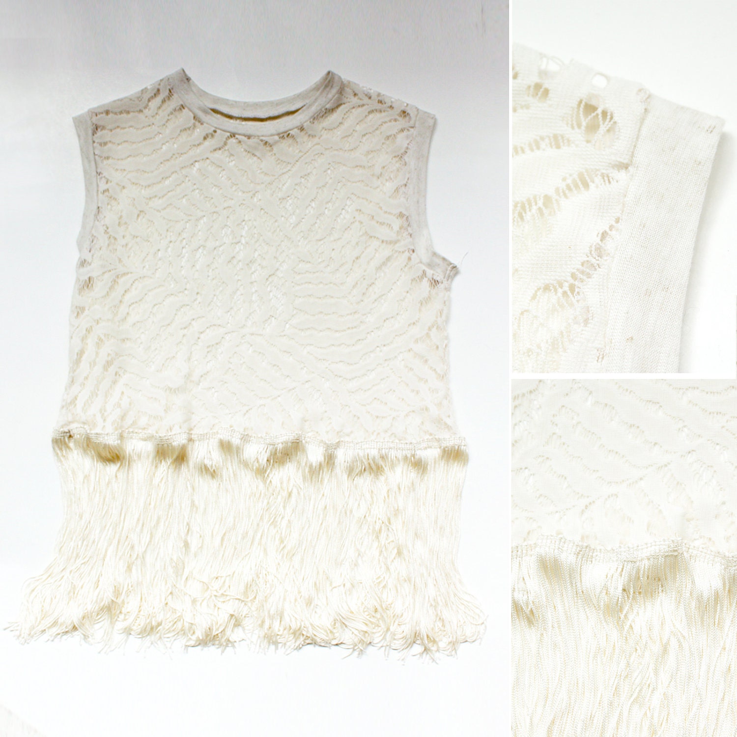 Cream Fringe & Fern Lace - Sheer Tank Top - S, M, L