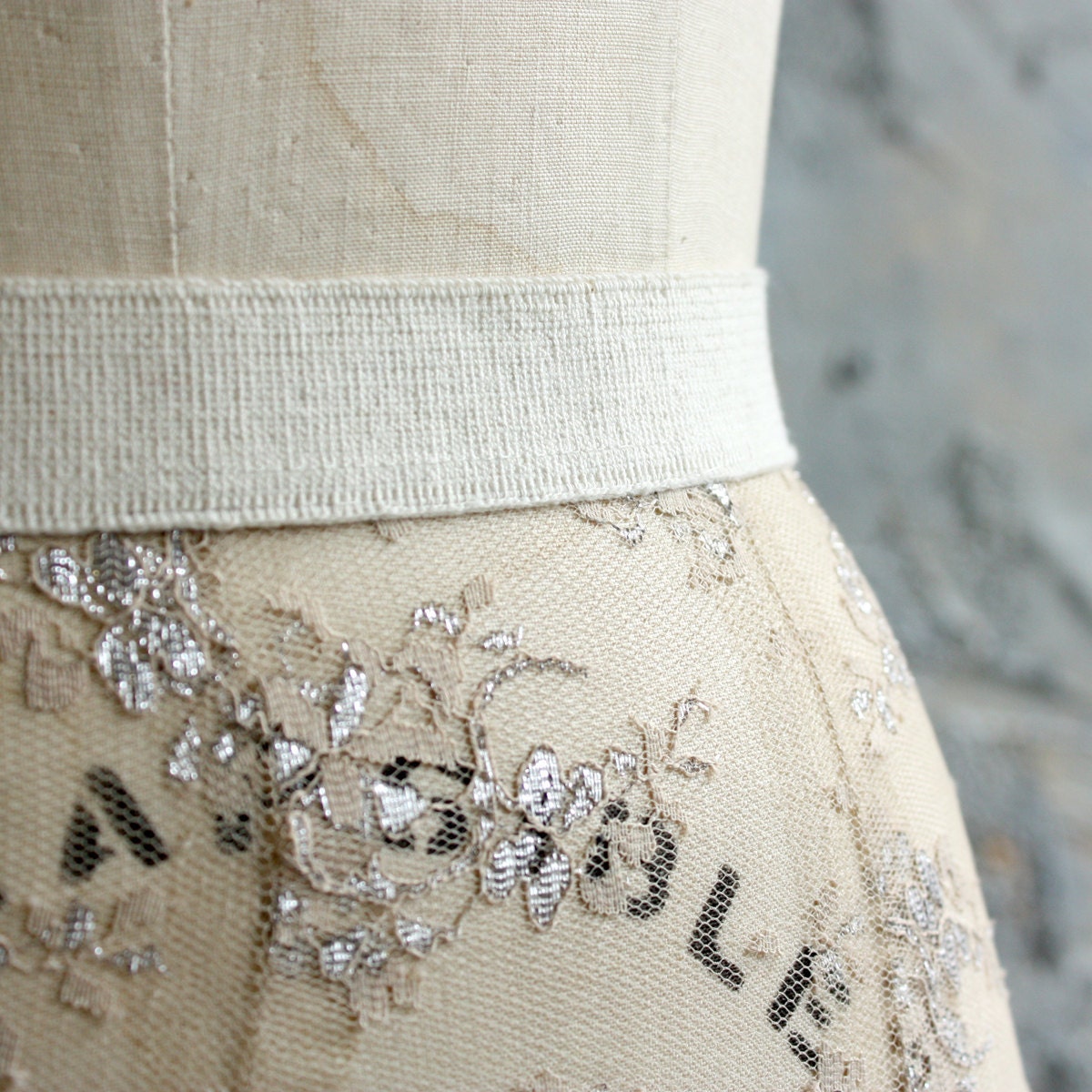 Maxi Skirt - Pale Taupe Sheer Lace with Metallic Embroidery - S or L