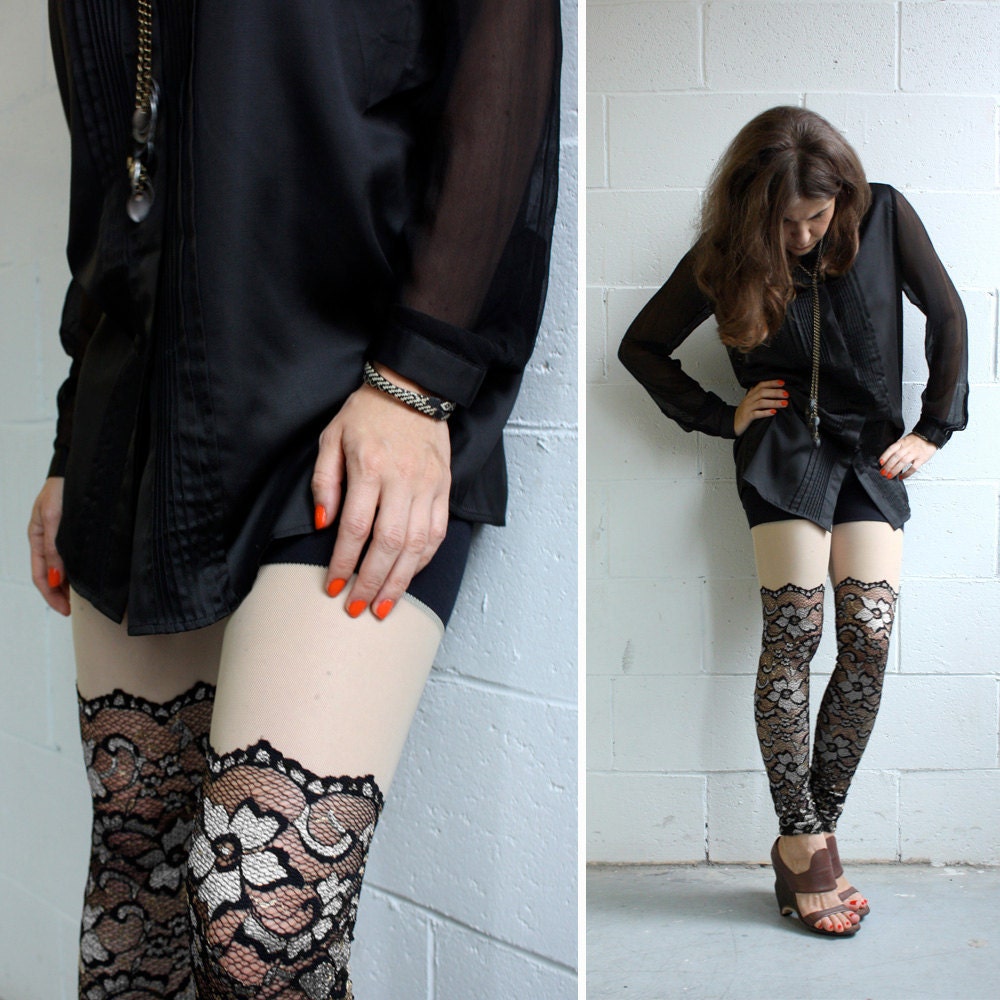 Psych Out Faux Thigh High Leggings - Black & Silver Lace - XS or M
