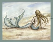 Seaside Beach Mermaid Print from Original Watercolor Painting by Camille Grimshaw - camillioncreations