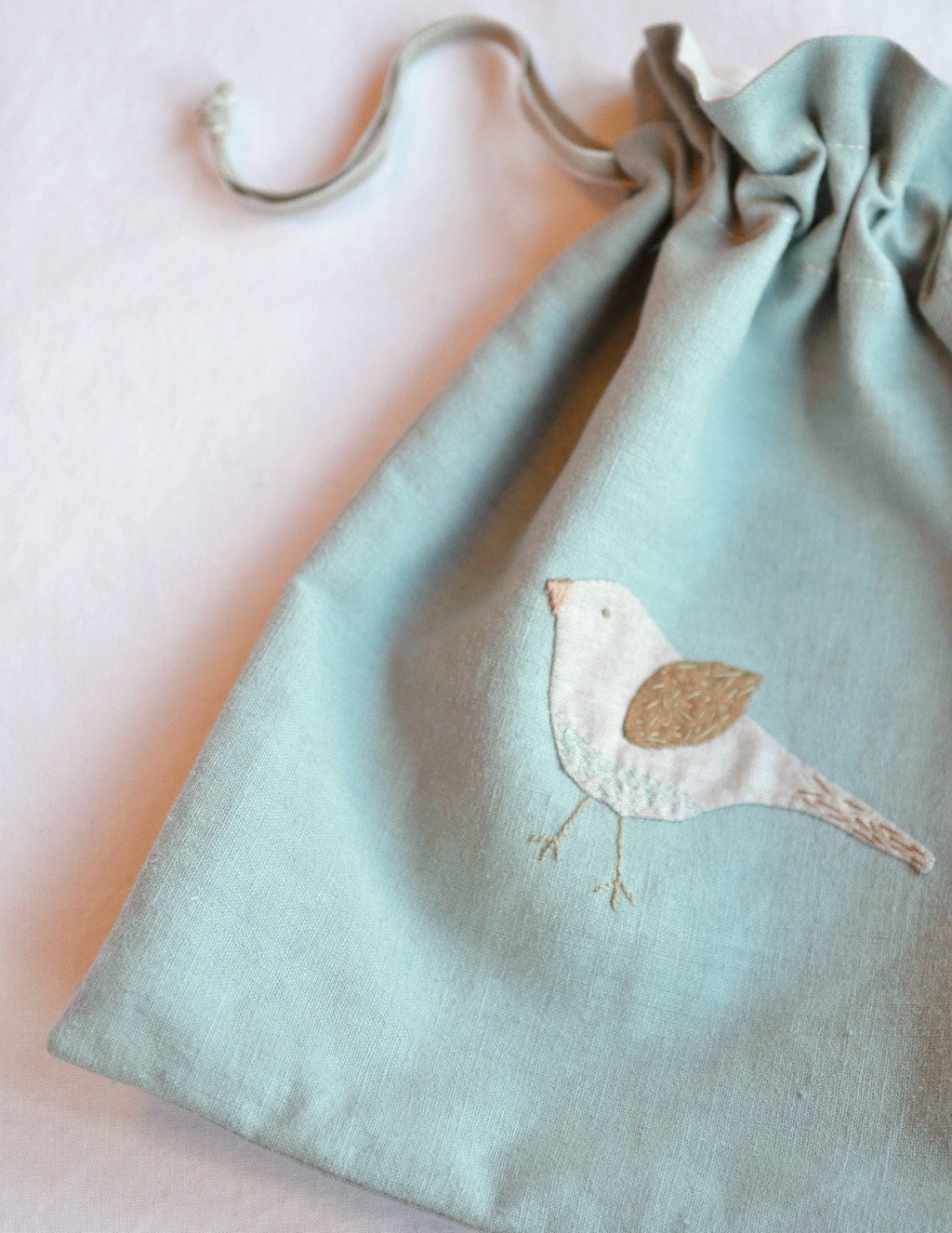 Handy bird - hand embroidered drawstring bag