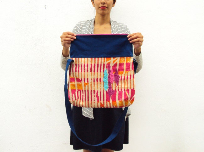 Pink and mint pleats on Magenta, Orange and Blue fold over Bag