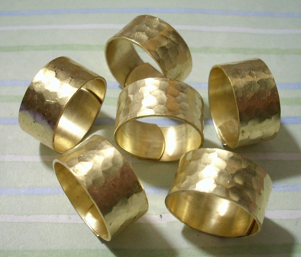 6 Hammered Brass Pattern Wide Rings Adjustable Ring Blanks by Charms Galore