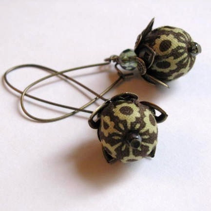 Fabric Earrings Beaded Jewelry "BOTANICAL" chocolate brown and yellow green