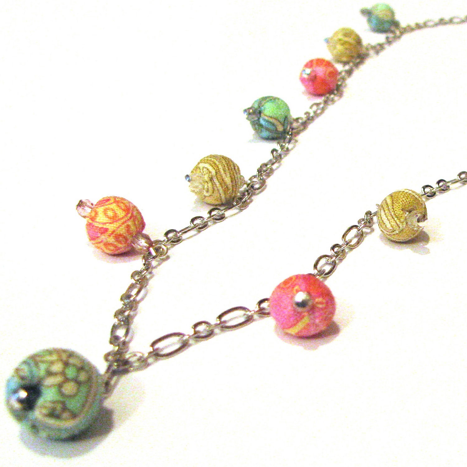 Fabric Necklace Beaded  Jewelry "COLOR" blue, yellow and pink