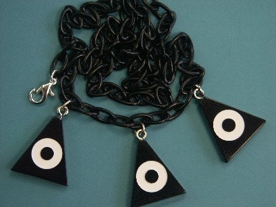 Unique one-of-a-kind adjustable necklace with 3 rare 1960s carwed black/white triangular overdyed bakleite plastic charms/pendants