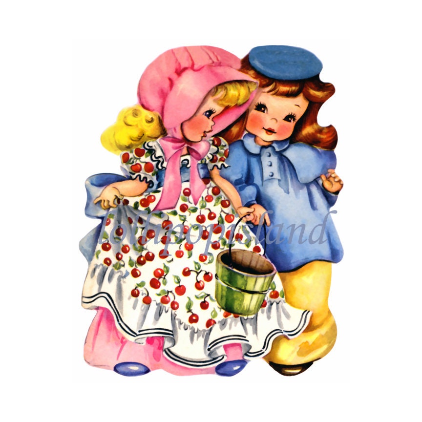 INSTANT DOWNLOAD Jack and Jill vintage digital image (rhyme no.373-W)  for DIY fabric iron on transfers / cards / tags / art etc jpg png