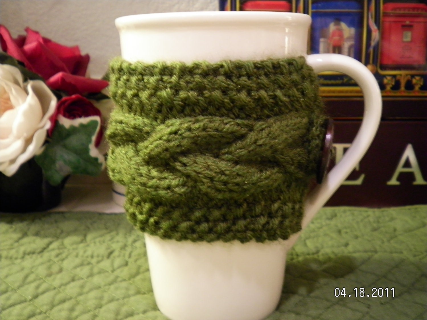 Cup Cozy - Hand Knitted Reusable Coffee Sleeve - Olive green