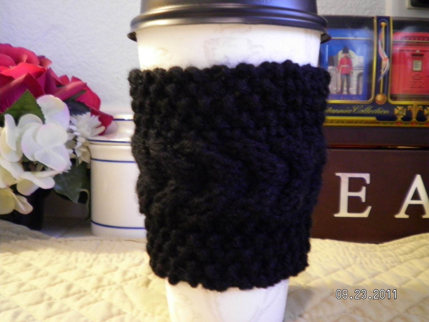 Cup Cozy - Hand Knitted Reusable Coffee Sleeve - Black wheat pattern
