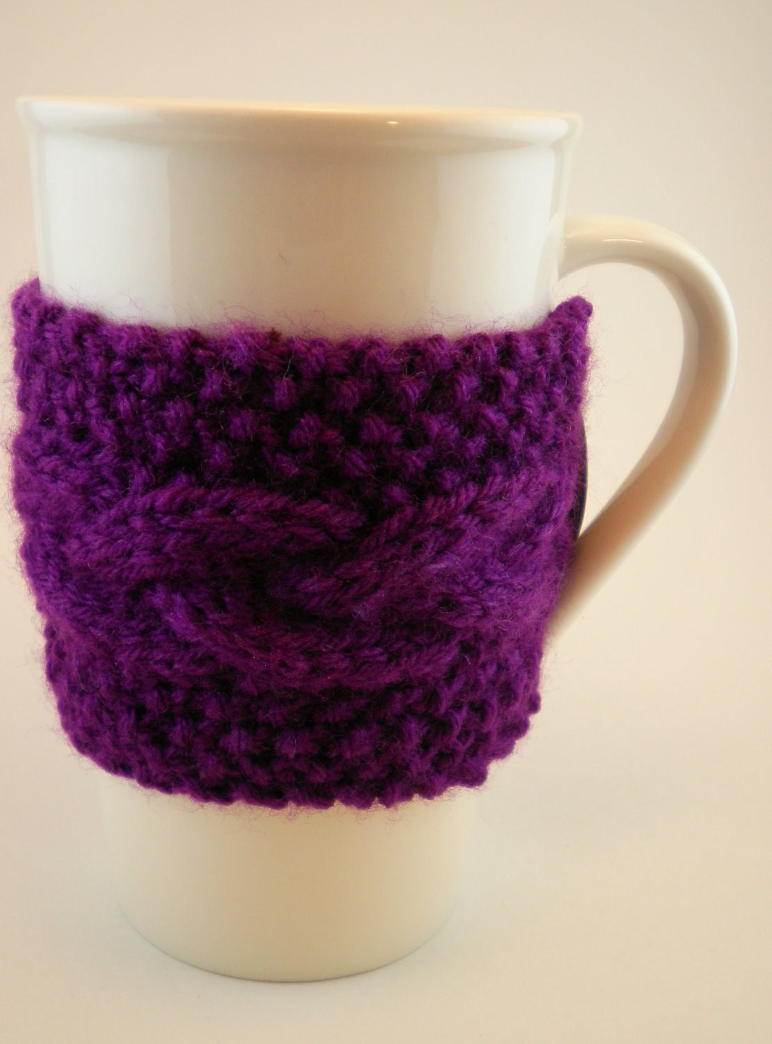 Cup Cozy - Hand Knitted Reusable Coffee Sleeve - Purple - Braid pattern