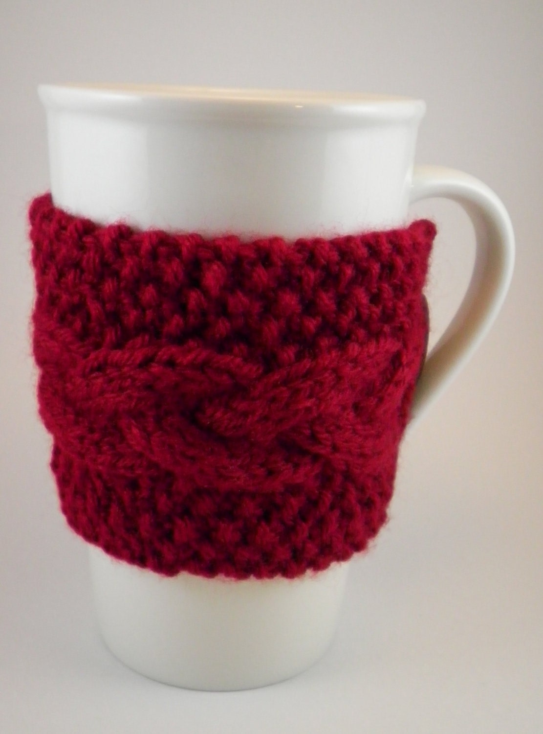 Cup Cozy - Hand Knitted Reusable Coffee Sleeve - Cranberry Red - Braid pattern