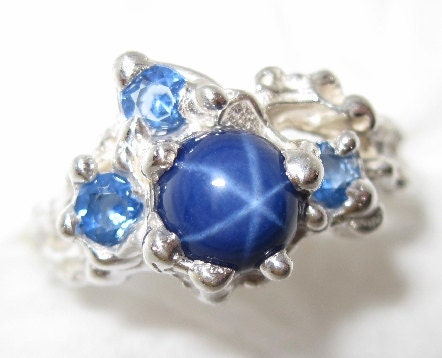 Blue Star Sapphire Ring - Artist Signed 1ct 6mm top quality Star Made in USA