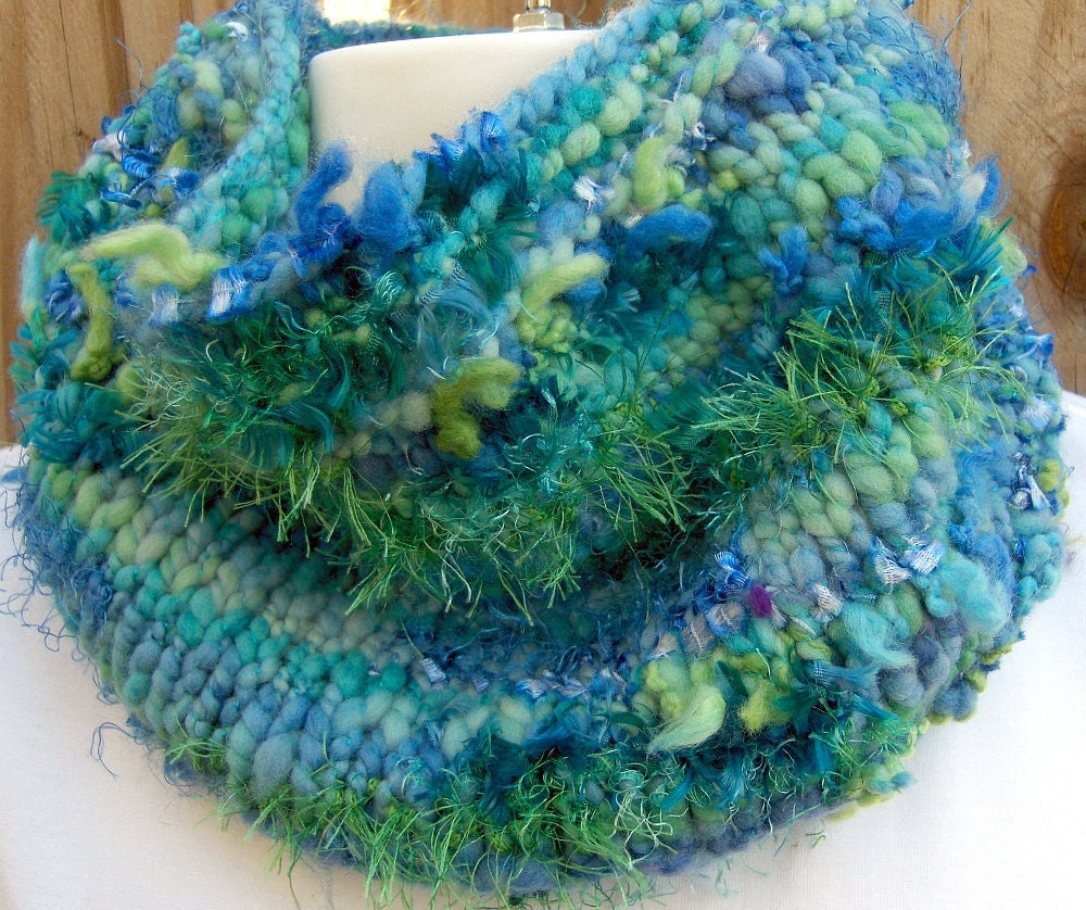 Cowl or Neckwarmer Hand Knit HandSpun Art blue and green great gift Surf's Up Ready to Ship