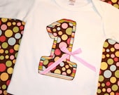 Girls First Birthday Number One Shirt in Pink and Brown Polkadot with bow - 18 month SHORT sleeved