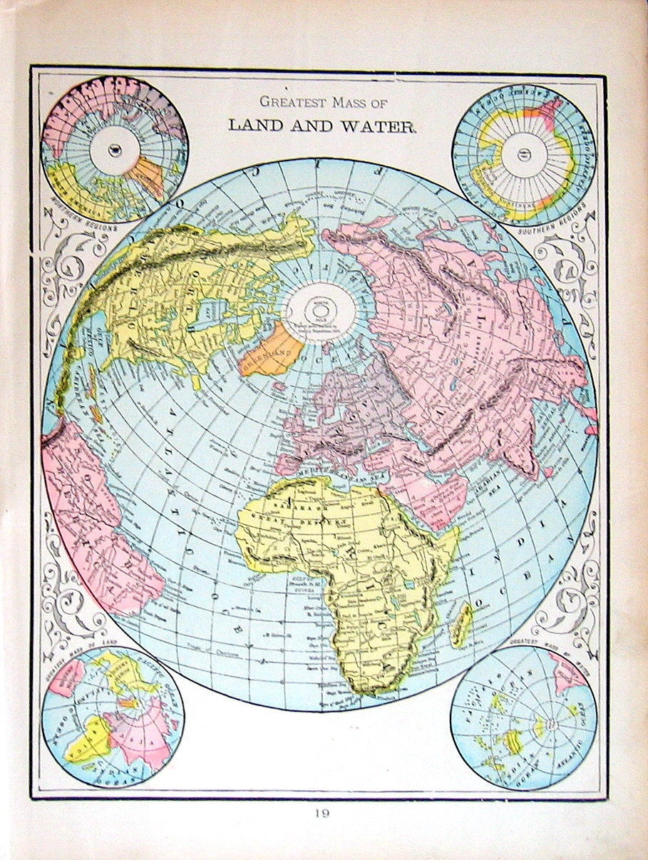 Greatest Mass of Land and Water Map: 1901 Antique Book Plate from World Atlas