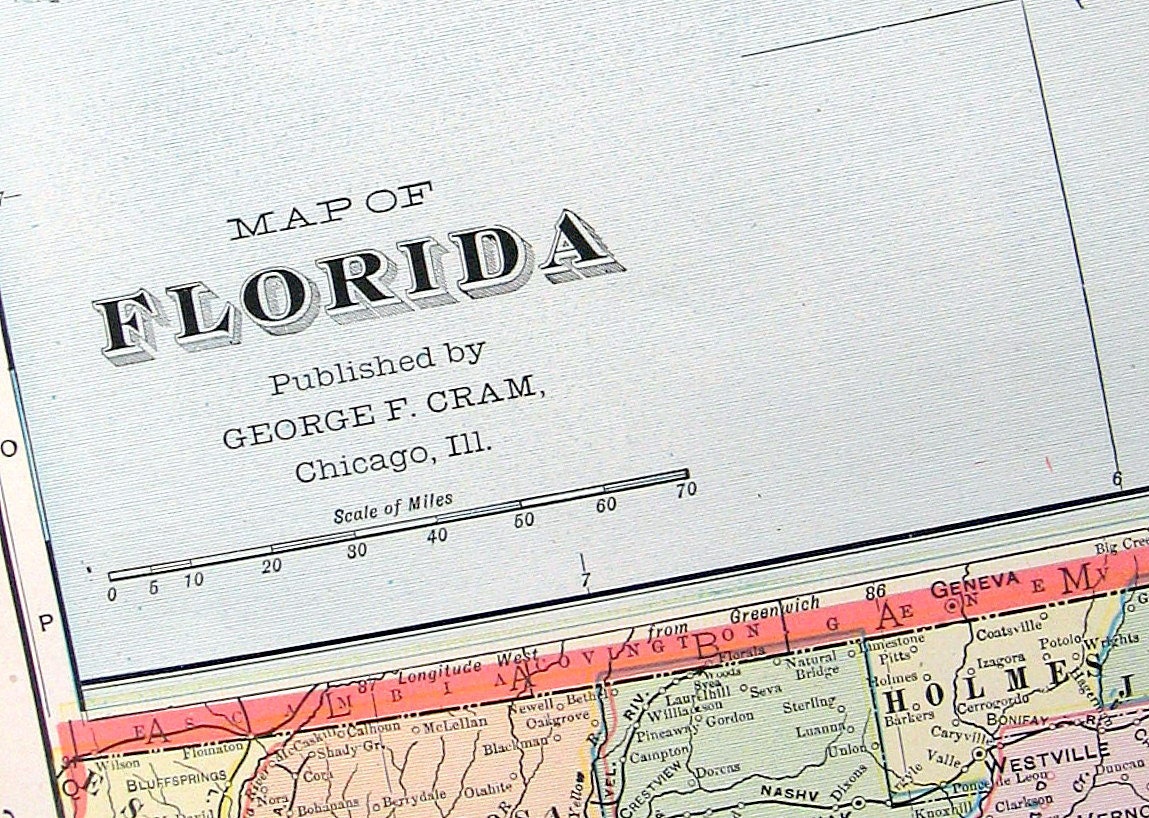 State Map Florida The Sunshine State: 1901 Large Antique Map from Crams World Atlas