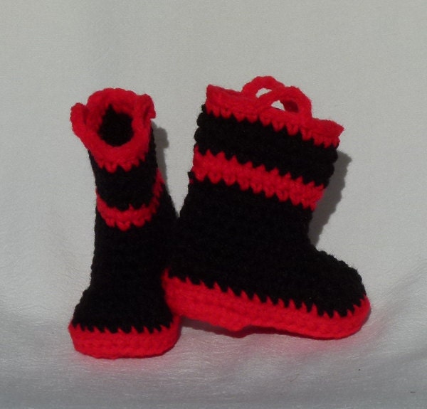 Crocheted Baby Booties Firefighter 3 to 6 month size black with red