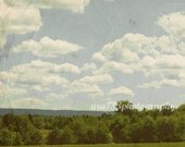 50% OFF SALE- Muted Blue Photo, Nature Picture, Landscape Photograph, Clouds, White, Green, Trees, Fields-5x5 Inch Print-Forgotten Summer