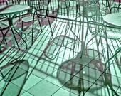 50% OFF SALE- Still Life Photography, Monochrome Photograph, Chairs, Teal Cafe Decor - 5x5 inch Print- 6 AM at The Cafe
