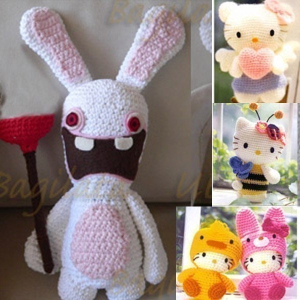 2 Amigurumi Wii Rayman Rabbid  Bunny Rabbit and Kitty Animal Doll Crochet Pattern easter