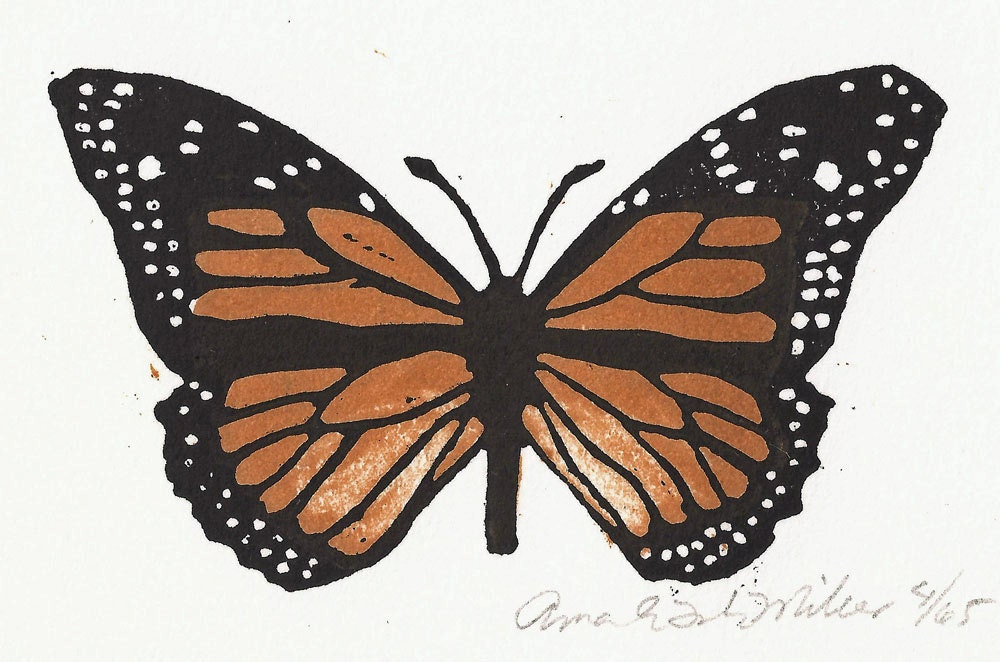 Nature Art, Monarch Butterfly, Orange, Black, and White, Woodblock Print