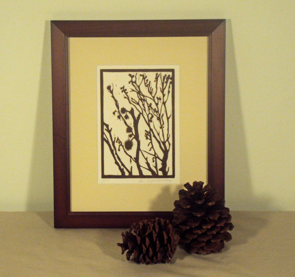 FRAMED: Sweet Gum Tree Woodblock Print, Brown and White, Nature Art