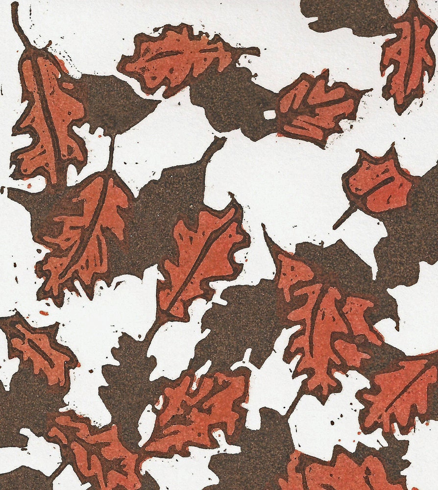 Autumn Leaves Woodblock Print, Matted, Brown and Orange
