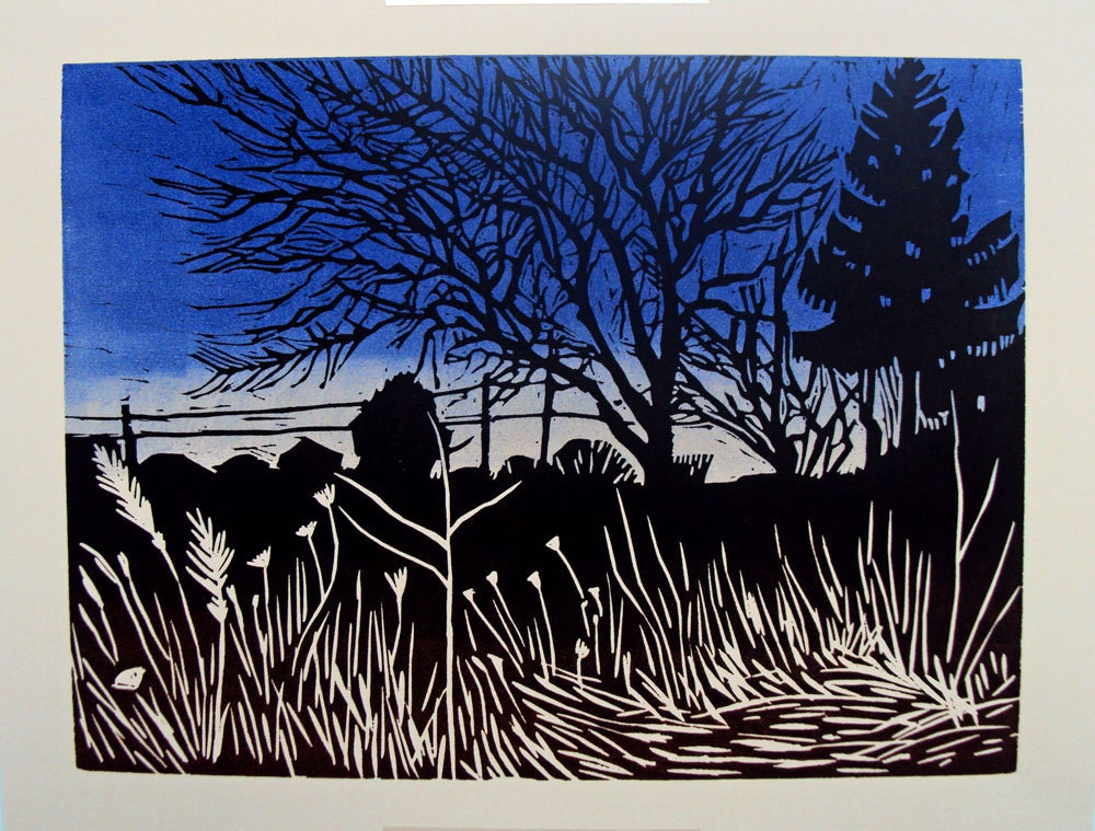 Landscape- Dusk, View from the Highway-Trees, Silhouette, Blue Sky, Woodblock Print