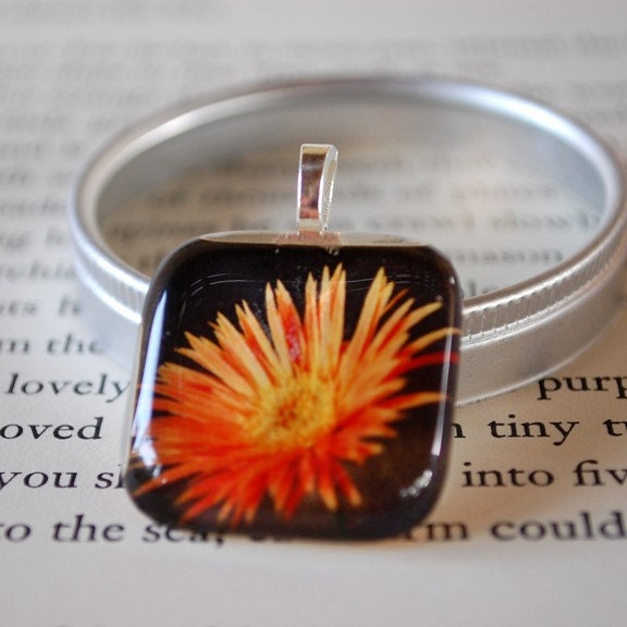 Gerber Daisy - Daisy Photo - Orange Daisy - Coming Up Daisies Glass Tile Pendant by Happy Shack Designs