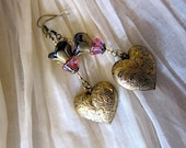 FIRST LOVE romantic puff heart earrings pink flowers etched floral design wedding prom