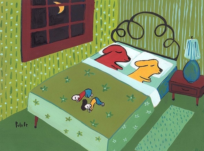 Funny Dog Art Card, Dogs Sleep in Bed, People at Foot whimsical