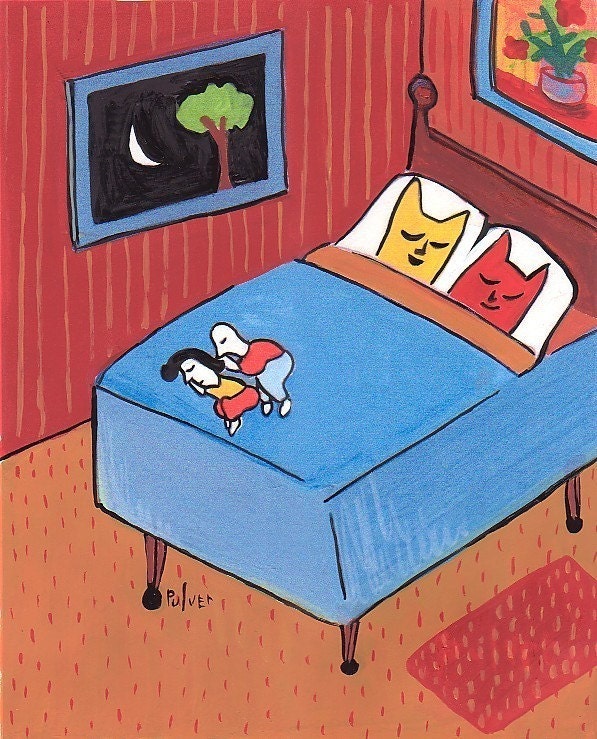 Funny Cat Card or Small Art Print . Cats Sleep in Bed, People at Foot of Bed