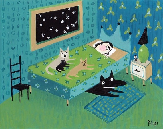 Art Print Cats and Black Dog Stay Up All Night - 8x10 Teal Turquoise Blue Green Bedroom