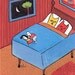 Funny Cat Card or Small Art Print . Cats Sleep in Bed, People at Foot of Bed