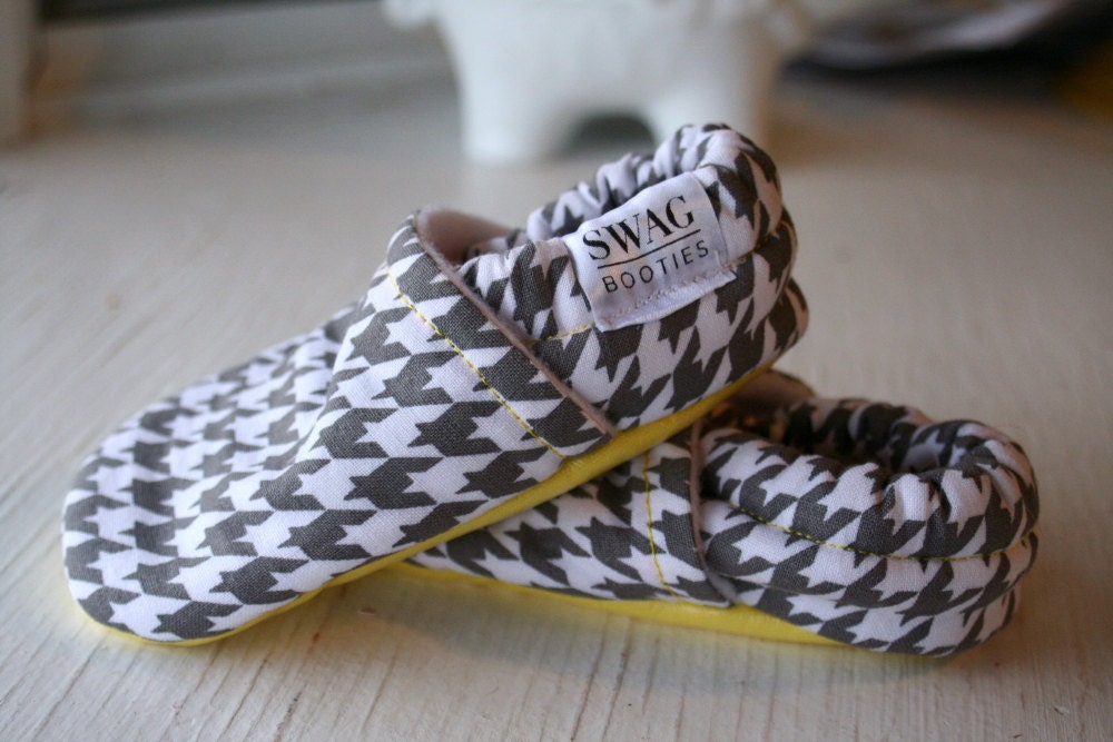 Houndstooth baby toddler booties boy girl Infant Soft Soled Shoes brown Grey Gray and Yellow  Baby Booties gift SWAG