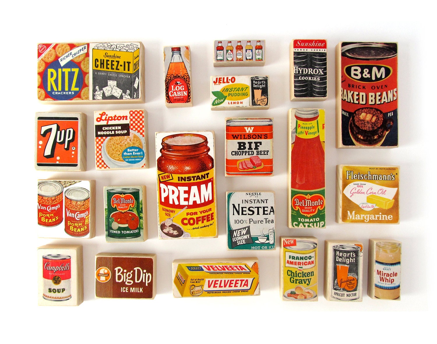 RESERVED for Julie - Groceries ART BLOCKS - Set of 21 Ephemera Art Blocks - 1950's Magazine Advertisements