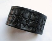 Black Leather Wristband / Cuff for Men or Women - Reticulation - Hand-Tooled